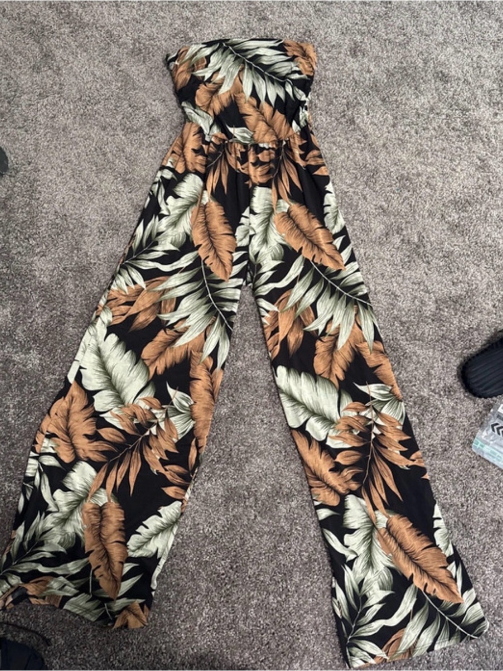 Windsor Black Strapless Wide-Leg Jumpsuit with Green & Brown Leaf Print
